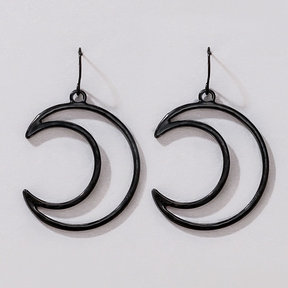 Black Hollow Crescent Moon Drop Earrings - Picture 2 of 5